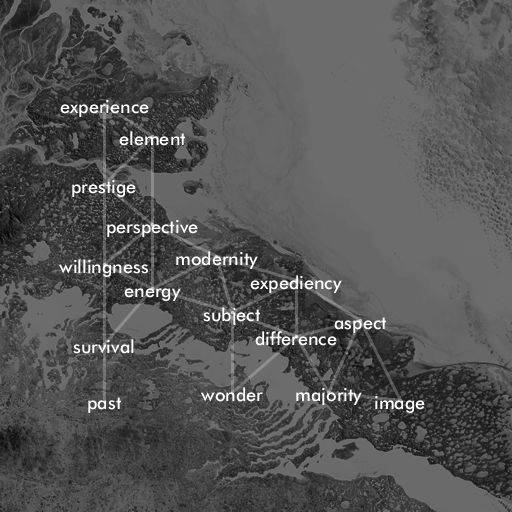 A grayscale satellite image of icy coastal tundra, with words overlaid. A few of the words are: 'element', 'perspective', 'energy', 'difference'