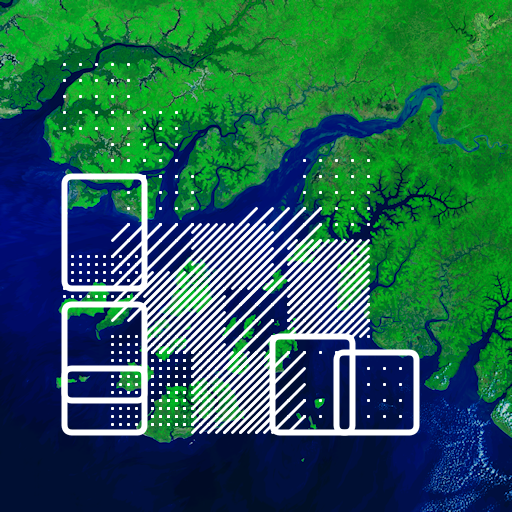 A false colour satellite image of a coastal region, with bright white rectangles, stripes, and dots overlaid